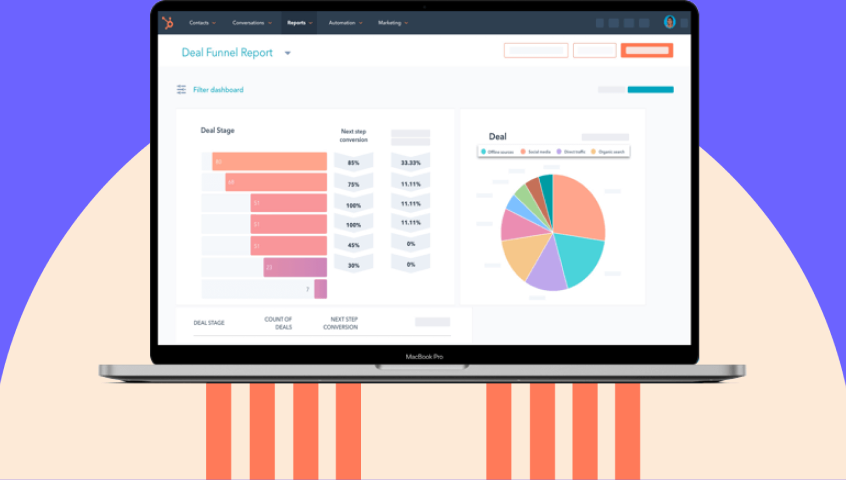 HubSpot CRM funnel report displayed on a laptop with deal stage data.