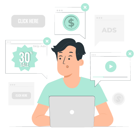 Person surrounded by various online ads while working on a laptop.