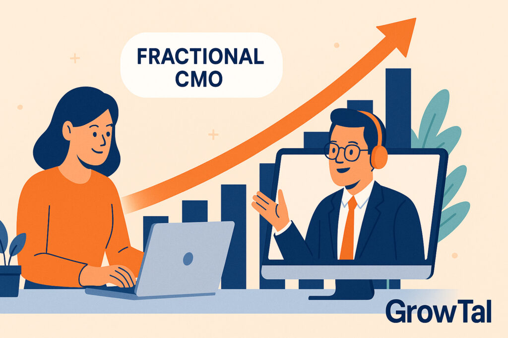Illustration of a remote fractional-CMO collaboration—female founder on a laptop and a male CMO on a screen, backed by an upward arrow and bar chart with the GrowTal logo in the corner.
