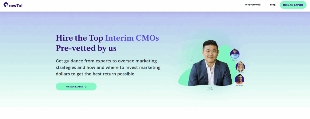 GrowTal - screenshot of a page offering fractional CMO services to e-commerce brands.