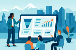 Illustration of a fractional CMO presenting marketing dashboards on a laptop to a small team, set against the Denver skyline and Rocky Mountains.