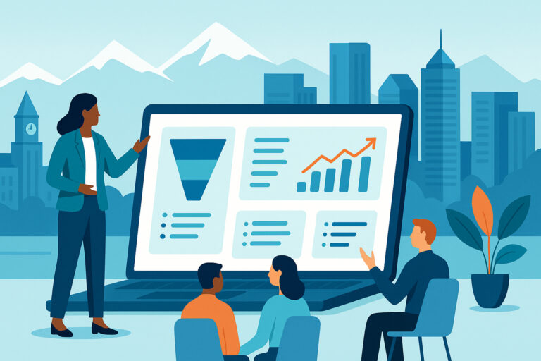 Illustration of a fractional CMO presenting marketing dashboards on a laptop to a small team, set against the Denver skyline and Rocky Mountains.