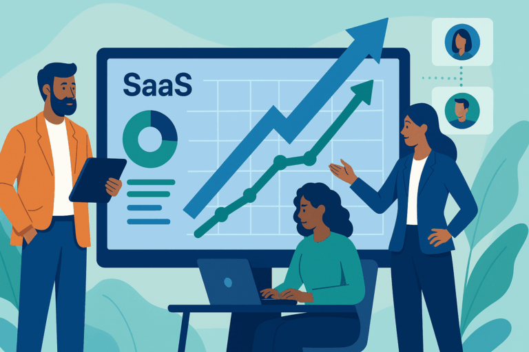 Illustration of three marketing professionals reviewing SaaS growth metrics on a large screen with rising arrows and charts in a modern workspace.