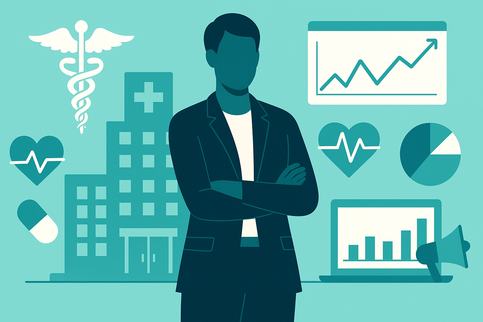 Illustration of a suited fractional CMO standing confidently in front of a hospital icon, charts, and healthcare symbols to convey data-driven marketing leadership for healthcare organizations.
