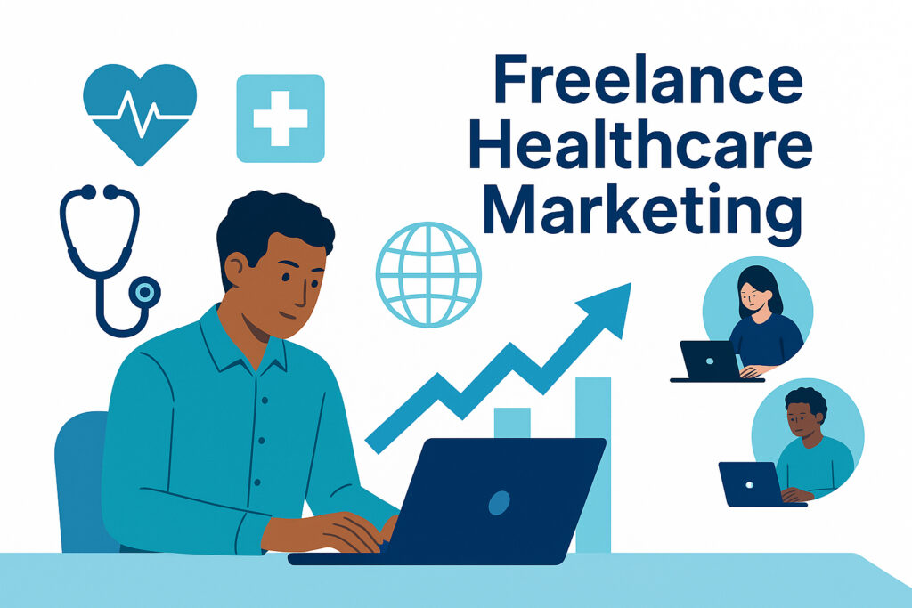 Flat-style illustration of a freelance healthcare marketer at a laptop, surrounded by medical icons and an upward growth arrow to symbolize patient-growth success.