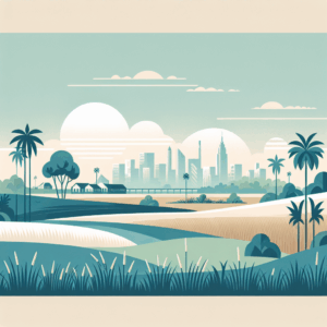 Stylized landscape illustration of a city skyline in the distance, surrounded by open fields, palm trees, and greenery in the foreground.