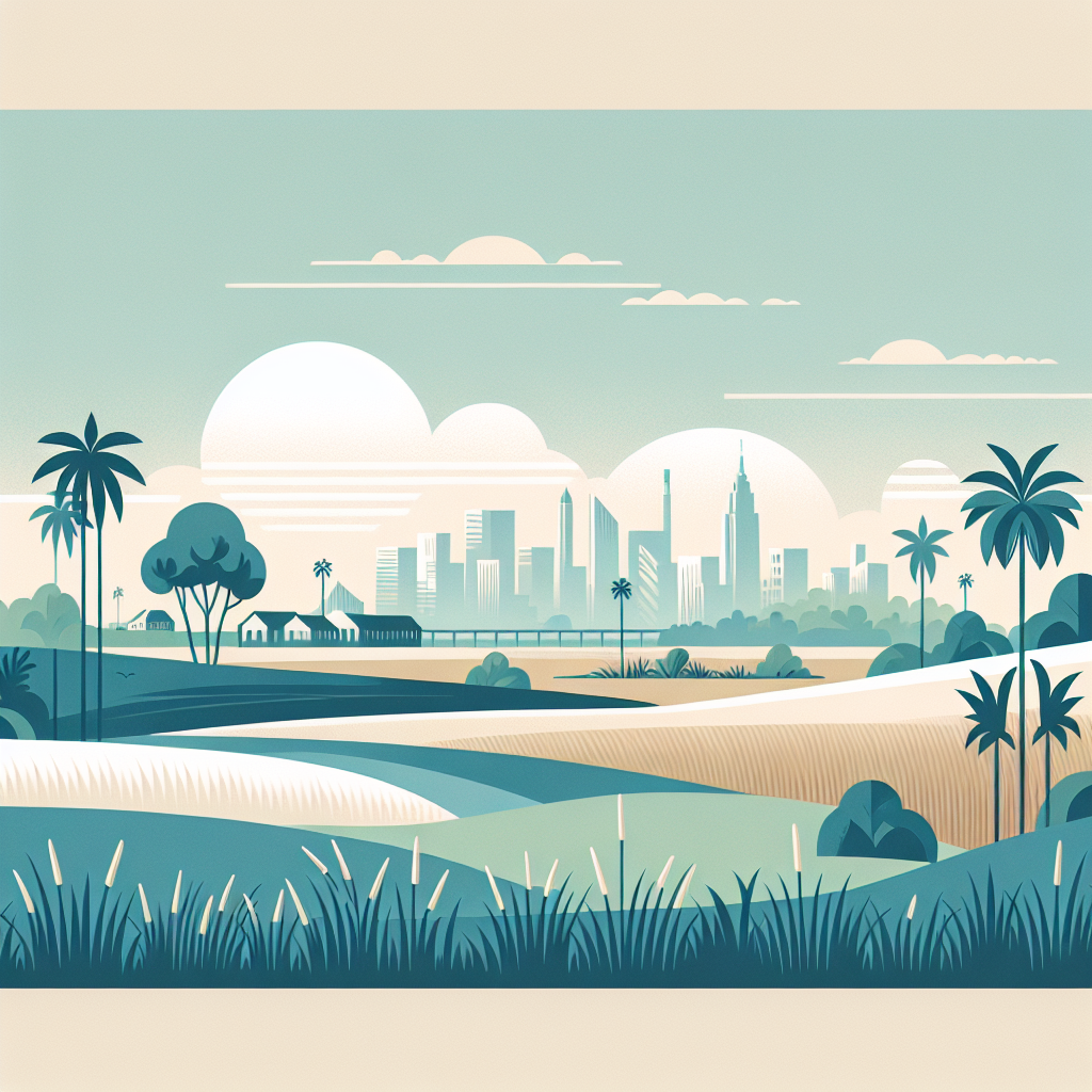 Stylized landscape illustration of a city skyline in the distance, surrounded by open fields, palm trees, and greenery in the foreground.