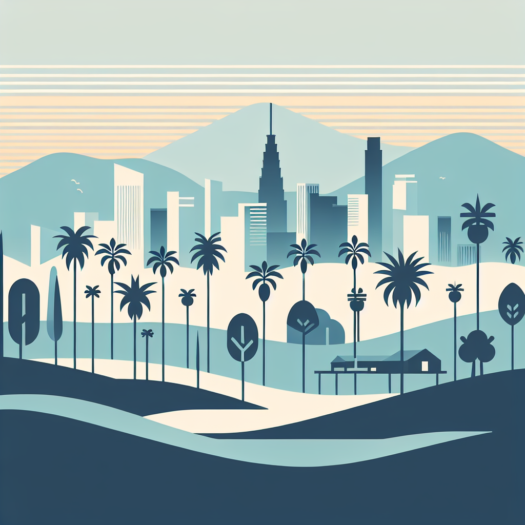 Stylized illustration of a city skyline with palm trees in the foreground, rolling hills, and mountains in the background, using soft blue and beige tones.